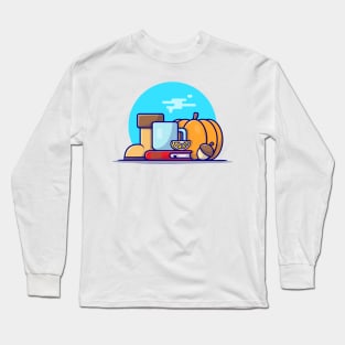 Hot Tea with Book and Pumpkin Cartoon Vector Icon Illustration Long Sleeve T-Shirt